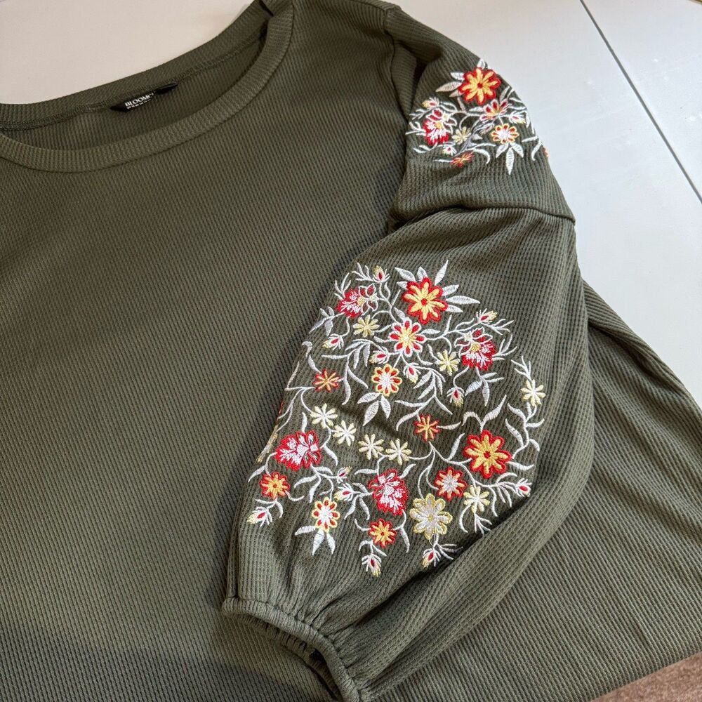 Bloomchic Women Plus 18-20Waffle Knit Embroidered Boho Puff Balloon Sleeve Green